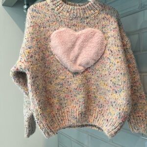 Cozy Heart Patch Multicolor Knit Sweater - Women